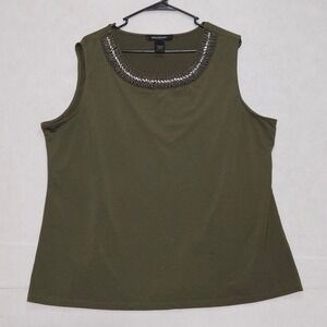 Ashley Stewart‎ Olive Green Beaded Neck Sleeveless Tank Top Plus 22/24 ptp 24.5"